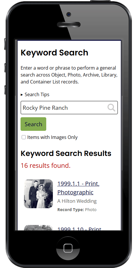 Keyword Search option of PastPerfect Online site as displayed on a mobile device such as a tablet or smart phone.