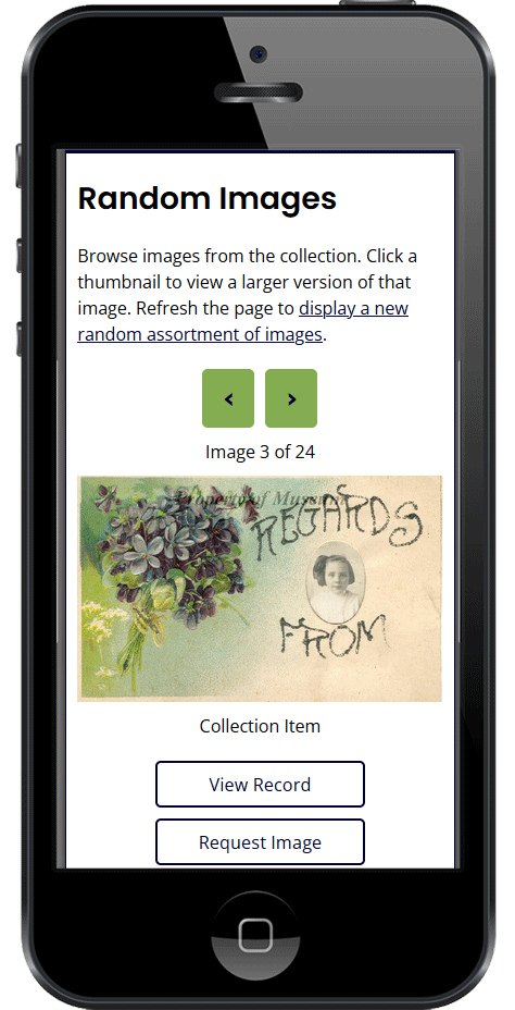 Random Images option of PastPerfect Online site as displayed on a mobile device such as a tablet or smart phone.
