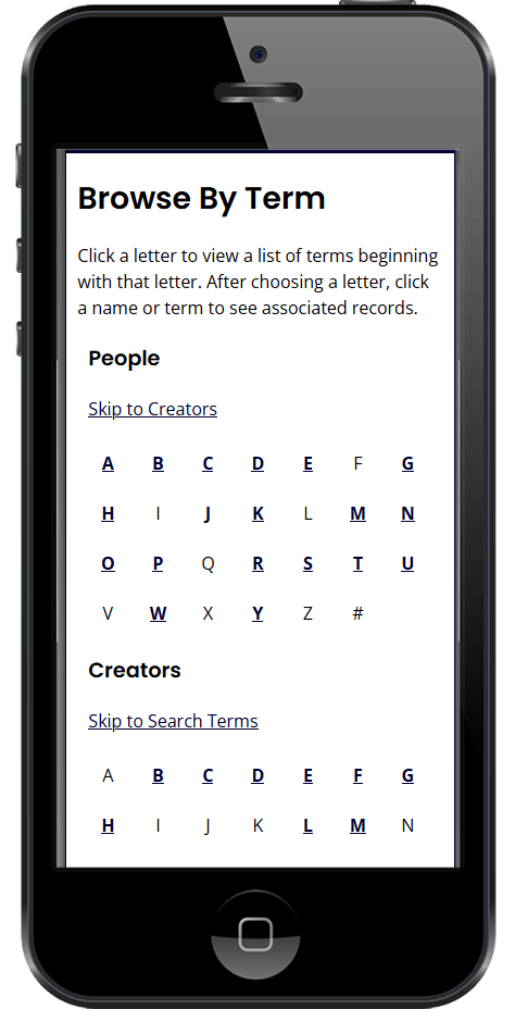 Browse by Term option of PastPerfect Online site as displayed on a mobile device such as a tablet or smart phone.