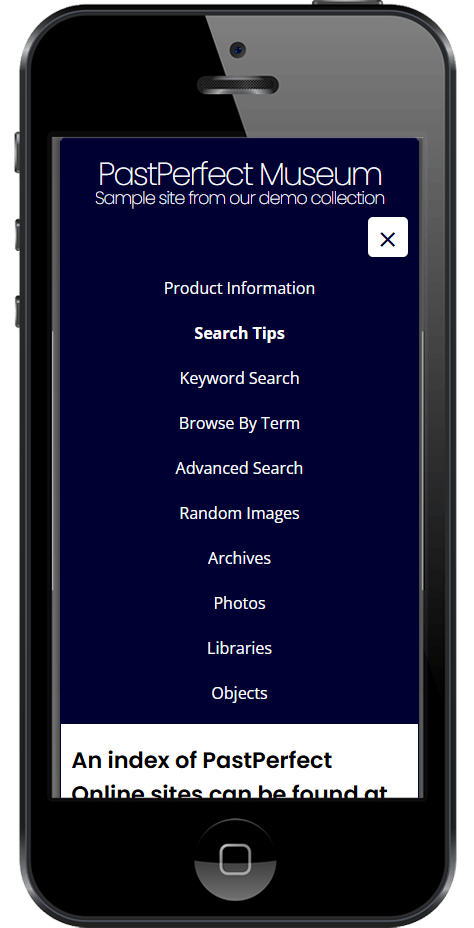 PastPerfect Online site navigation menu as displayed on a mobile device such as a tablet or smart phone.