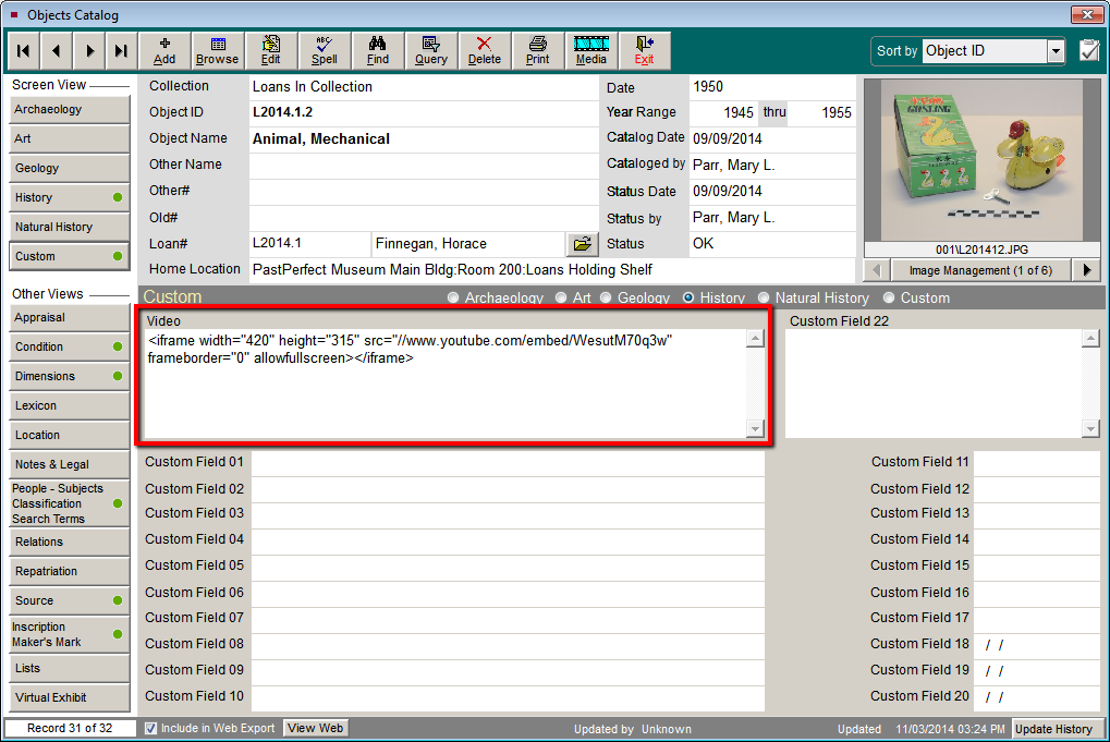 PastPerfect Online record with embedded image.