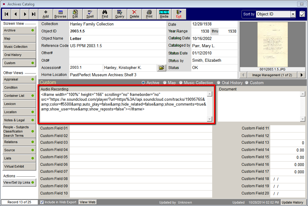 Copying text from SoundCloud to embed in PastPerfect.