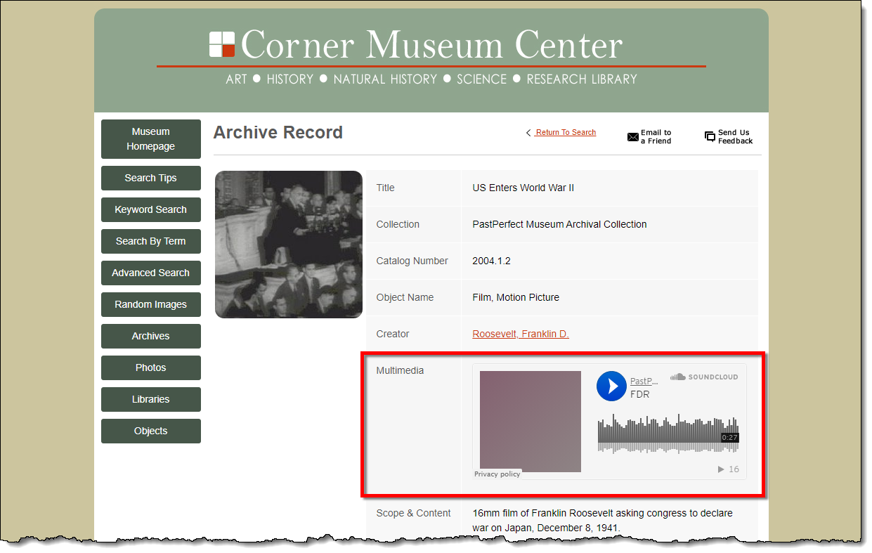 PastPerfect Online record with embedded audio file.