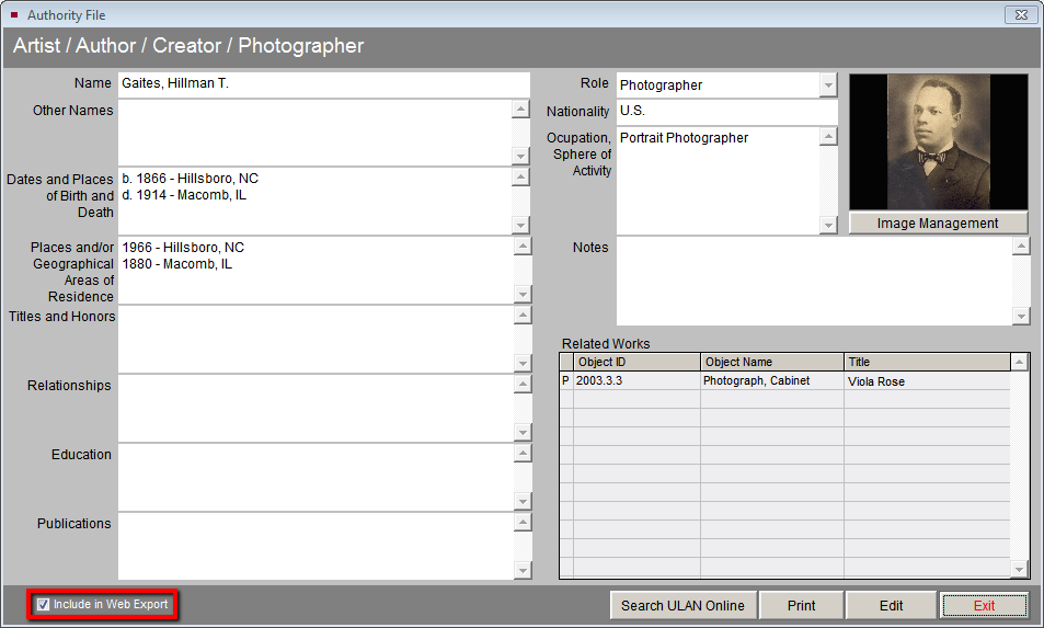 Creator Record in PastPerfect highlighting Include in Web Export checkbox