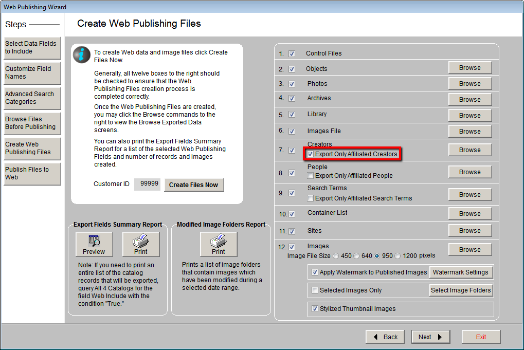 Create Web Publishing Files screen with Export only Affiliated Creators highlighted
