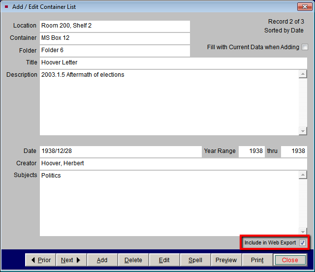 Container List Record in PastPerfect highlighting Include in Web Export checkbox