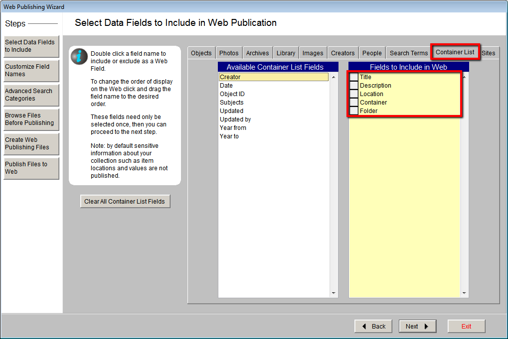 Select Data Fields screen with Container List tab selected